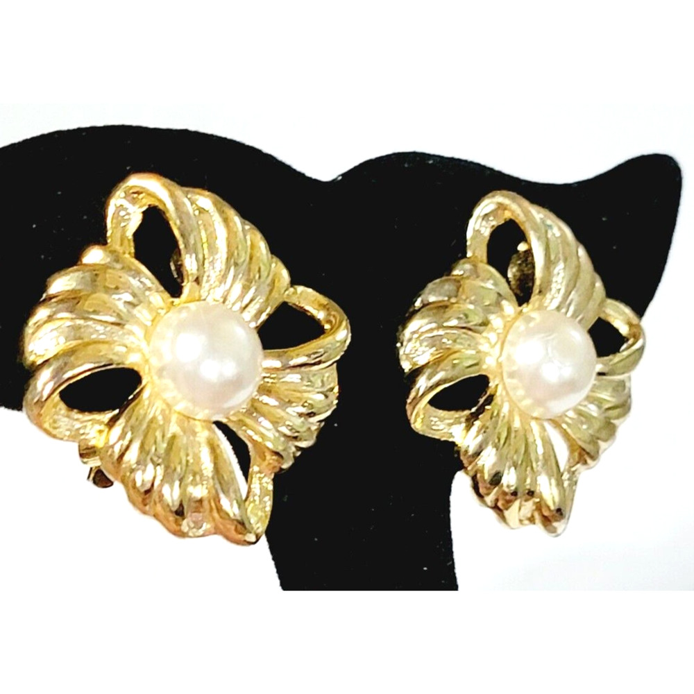 Vintage‎ Clip On Earrings Faux Pearl 1” Square Ribbons Retro Jewelry wc-33
